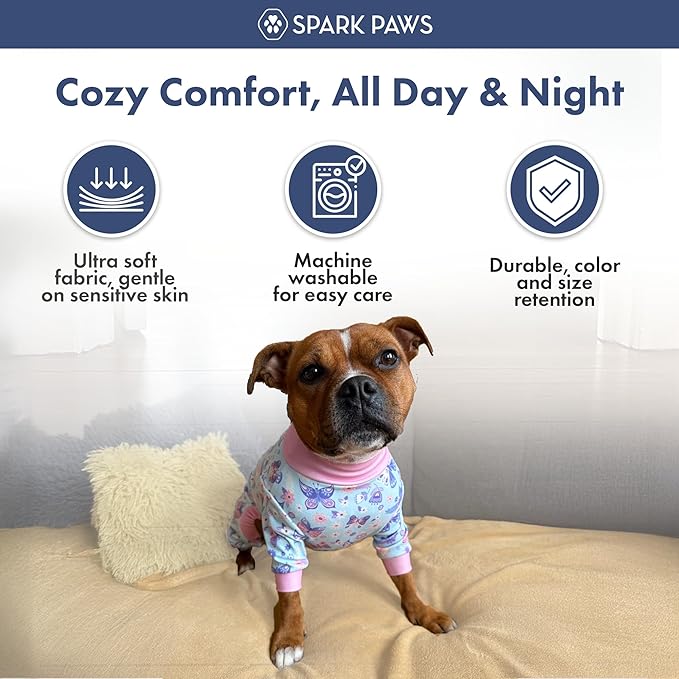 Spark Paws Dog Pajama, Dog Recovery Suit Male, Onesie, Ultra-Soft and 4-Way Stretch, for Small Medium and Large Breed - Butterfly Dreams - L