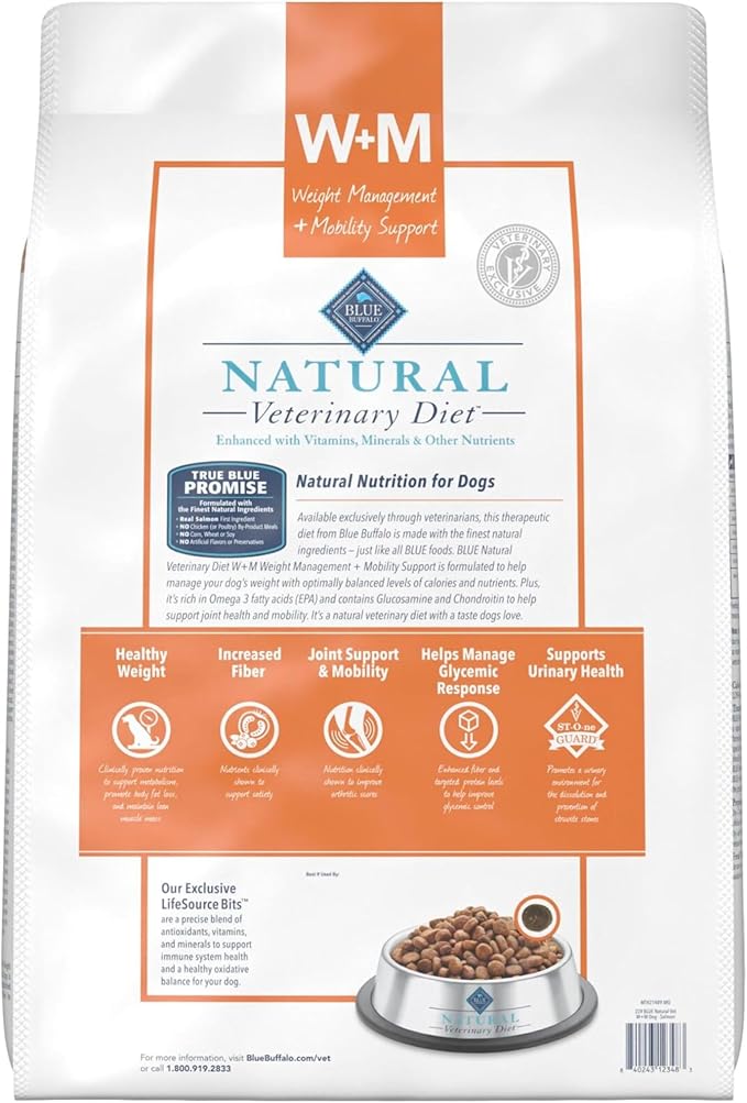 Blue Buffalo Natural Veterinary Diet W+M Dry Dog Food, Weight Management + Mobility Formula, Veterinarian Prescription Required, Salmon, 22-lb Bag