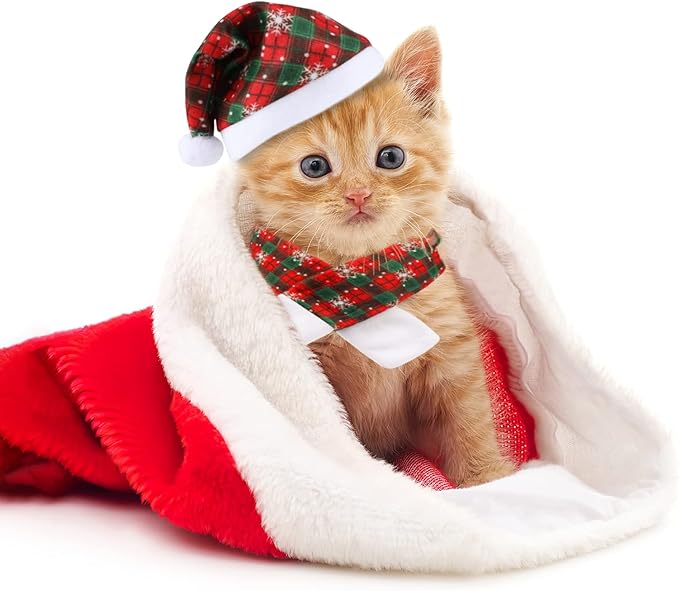 Christmas Dog Cat Santa Hat with Scarf and Adjustable Bow Tie Collar and Pet Necktie, Jupsk Essential Plaid Snowflake Xmas Costume Set for Small Dogs,Cats,Kitten,Puppies,Xmas Pet Outfit,Style A
