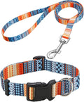 Dog Collar and Leash Set with Bohemia Floral Tribal Geometric Patterns - Soft Ethnic Style Collar Adjustable for Small Medium Large Dogs(Bohemian Orange Set,XS)