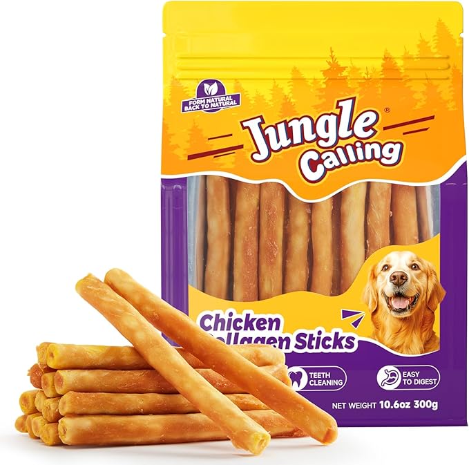 Jungle Calling 37 Count Collagen Sticks for Dogs, Chicken Flavored Chews, Long Lasting Rawhide Alternative Treats for Small Medium Dog, Healthy Chew Bones, 5 Inch