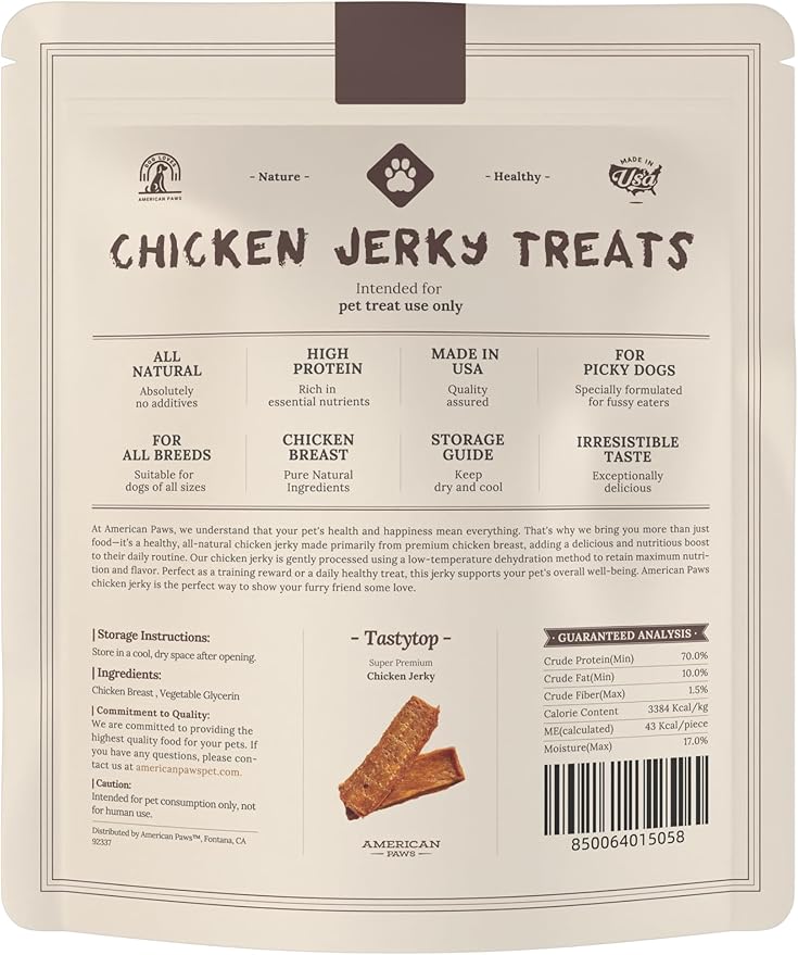 American Paws Chicken Breast Jerky Dog Treats, 100% USA Chicken, Made in USA, All Natural, Single Protein, Grain Free, 2 LB Bag