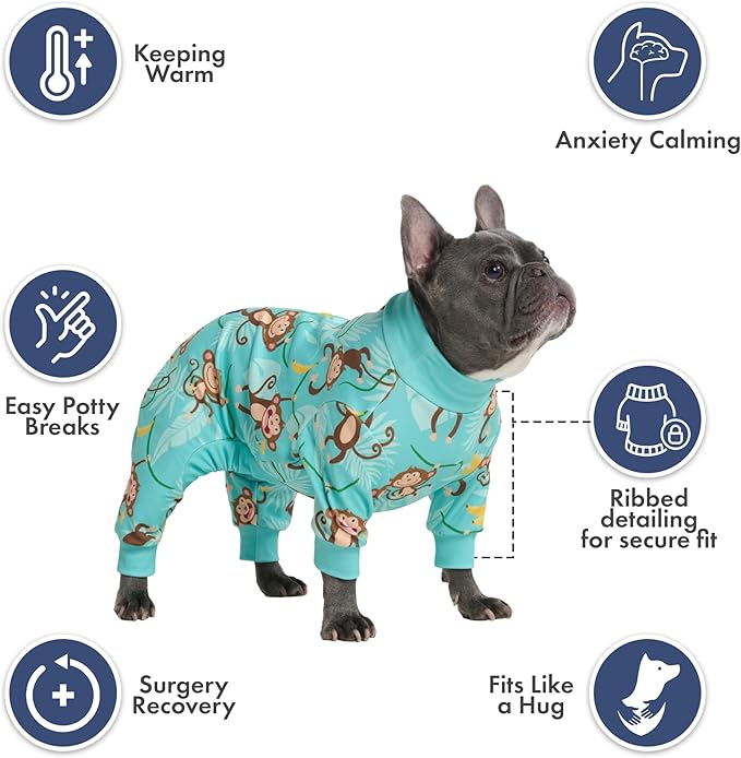 Spark Paws Dog Pajama, Dog Recovery Suit Male, Onesie, Ultra-Soft and 4-Way Stretch, for Small Medium and Large Breeds - Monkey Business - 3XL