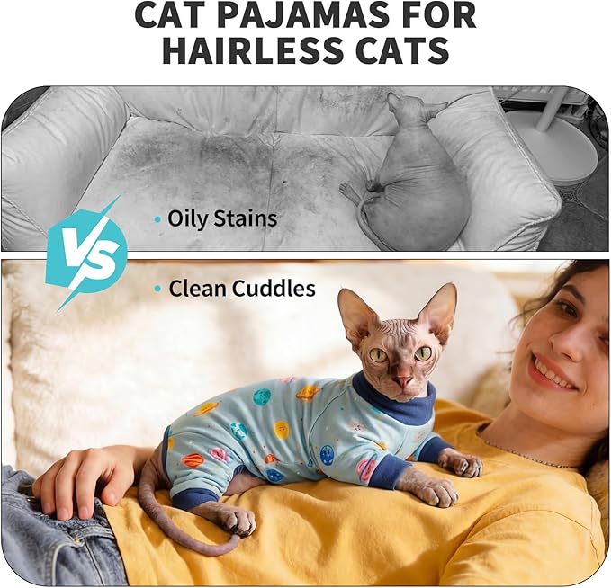 Sticky Hair Cat Clothes, Anti-Shedding Cat Pajamas, Post-Surgery Recovery Onesie, Soft Breathable, Prevents Licking & Scratching Wounds, Warm Cats Sweater, Sphynx Cats Clothing- Blue M