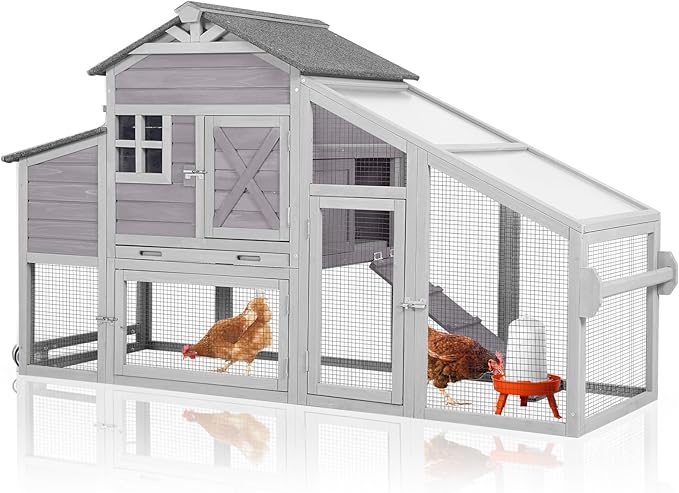 GUTINNEEN Mobile Chicken Coop for 2-4 Chickens with Wheels, Expandable Large Hen House with Run, UV-Protected Roof, Divided Nesting Boxes, Easy One-Person Move, Grey