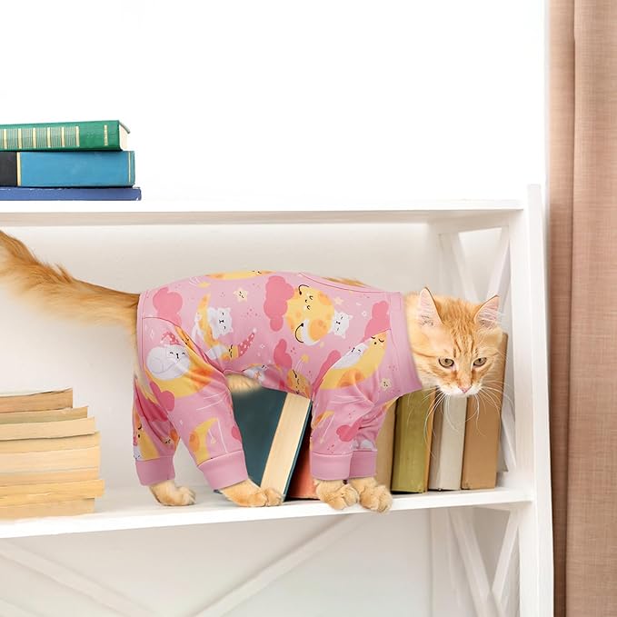 PUMYPOREITY Cat Hair Sticky Sweater, Stretchy 4-Leg Design for Fur Control, Recovery Suit - Breathable & Lightweight for Post-Surgery Protection, Cat Onsie Prevents Licking Wounds, Pink, XL