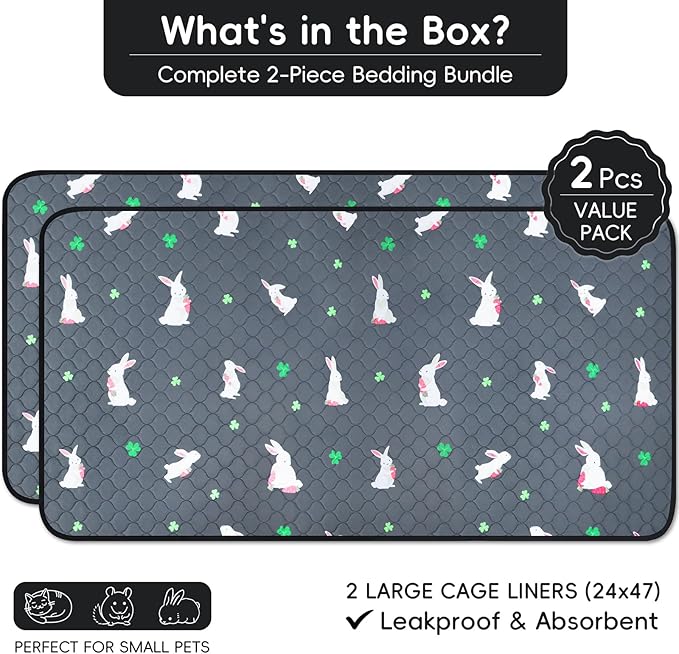 2 Pack Guinea Pig Cage Liners, Washable Guinea Pig Pee Pads Waterproof Reusable & Anti Slip Guinea Pig Bedding Fast and Super Absorbent Pee Pad Tarp Bottom for Small Animals (Rabbit Pattern 24" X 47")