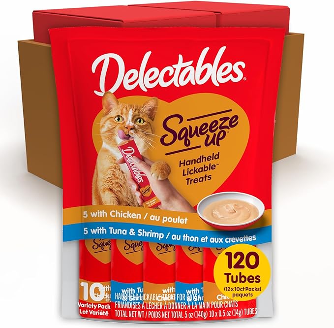 Delectables Squeeze Up Variety Pack, Creamy Squeezable Puree, Lickable Wet Cat Treats, Grain-Free, No Added Fillers, 0.5 Ounces Tube, 120 Tubes Total