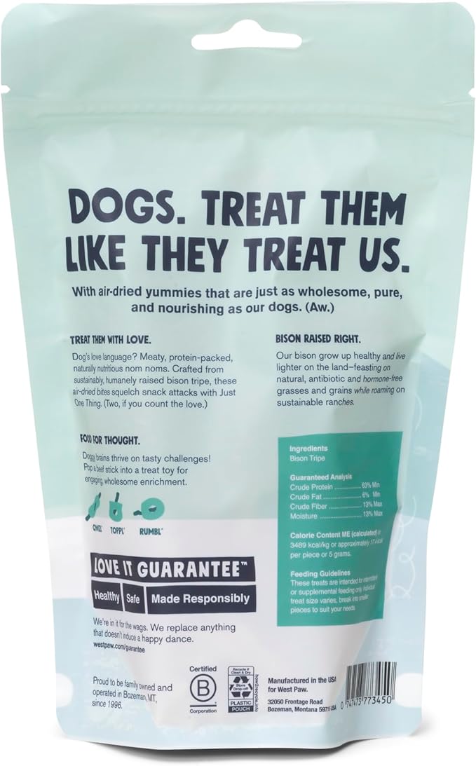 West Paw Air-Dried Single Ingredient Bison Tripe Dog Treats – 100% Pasture-Raised, High-Protein, All-Natural Chews – Made in USA – Nutrient-Rich, Easily Breakable, Grain-Free