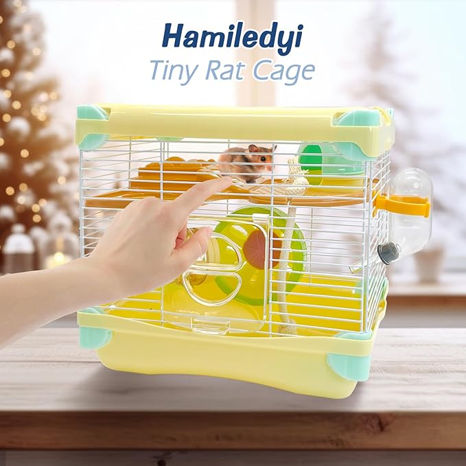 Hamiledyi Portable Hamster Cage 2 Layers Dwarf Hamster Habitat 10.90”L*8.07”W*9.84”H Small Animal Travel Cage with Exercise Wheel Hamster Enclosure Mouse Cage for Hamsters Mice Gerbils Tiny Pets