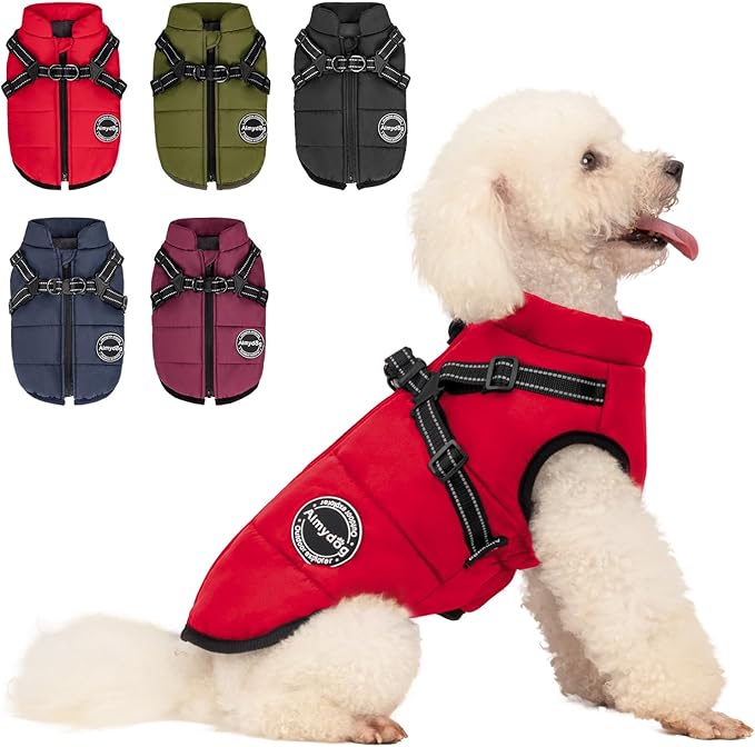 Dog Winter Coat, Warm Dog Jacket Reflective Adjustable Fleece Vest with Harness Built in, Windproof Pet Snow Jacket Snowsuit with Zipper for Small Medium Dogs, Red XS