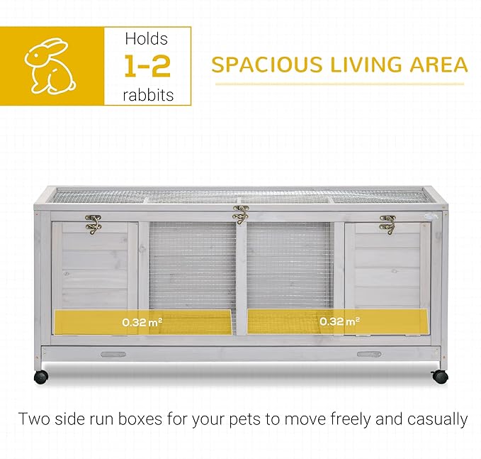 PawHut Wooden Rabbit Hutch, Bunny Cage with Wheels, Dividers, Openable Roof, Removable Trays, Small Animal Cages for 1-2 Rabbits, Indoor Outdoor Use, Light Gray