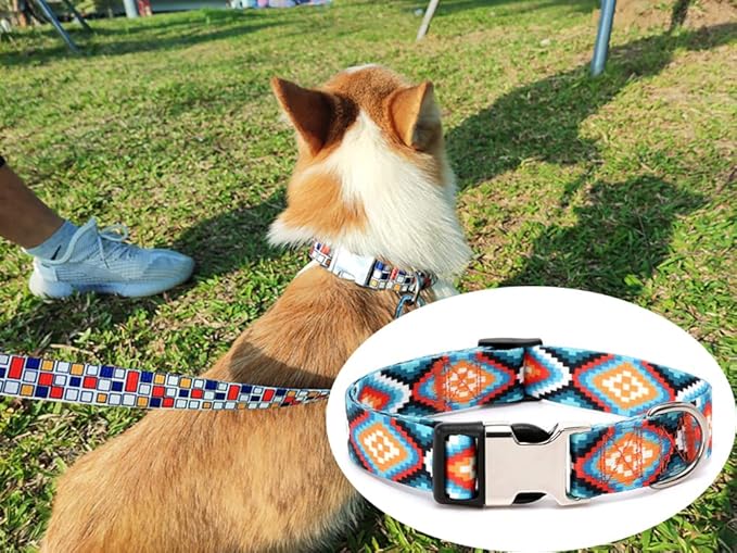 Dog Collar and Leash Set, Quick Release Buckle Soft Durable Print Puppy Collars Adjustable for Small Medium Large Pet Male Dogs Boy Cat Forest L