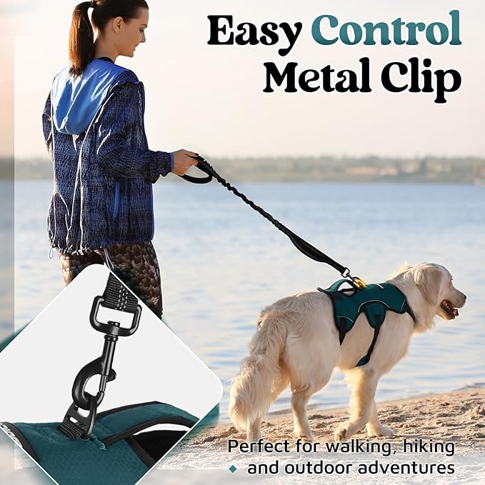 rabbitgoo Escape Proof Dog Harness, Soft Padded Full Body Pet Harness, Reflective Adjustable No Pull Vest with Lift Handle and Leash Clip for Large Dogs Walking Hiking Training, Dark Green, L
