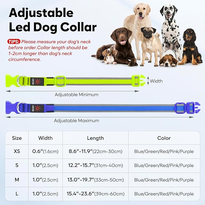 Flashseen LED Dog Collar, Light Up Dog Collar USB Rechargeable, Brightest Dog Lights for Night Walking, Adjustable Dog Collar Light for Dog Safety (Blue, Large)