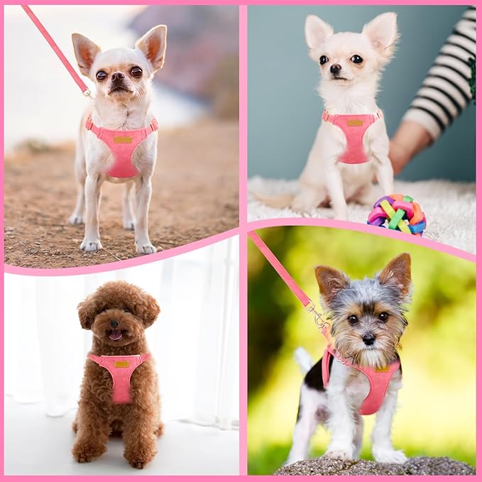 SlowTon Dog Harness Small Sized Dog - Soft XXS Dog Harness and Leash Set No Pull No Chock, Adjustable Lightweight Puppy Harness for XS Small Medium Dogs Cats (Solid Pink, S)