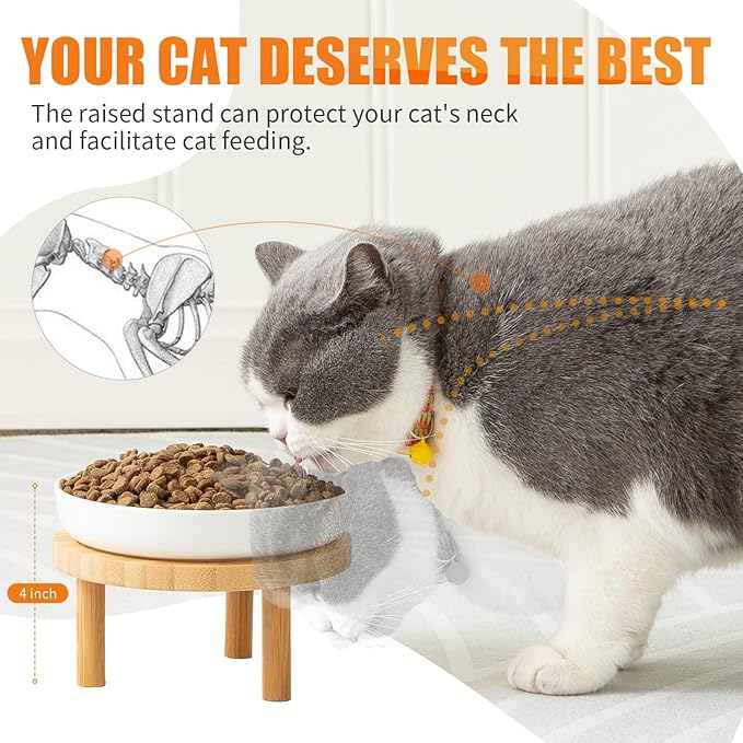 Lusifaco Shallow Elevated Cat Bowls,5.9 Inch Wide Raised Ceramic Cat Dishes with Bamboo Stand, Whisker Friendly Pet Water or Food Plates Feeding Station for Indoor Cats, Kitten(Blue,Set of 1)