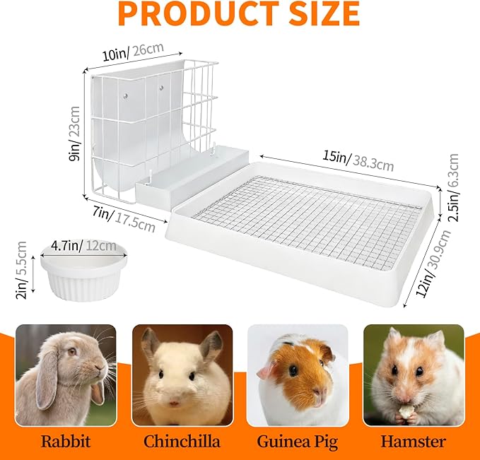 BESNEW 3 in 1 Rabbit Hay Feeder with Litter Box,Upgraded Metal Hay Rack & Litter Tray & Water Bowl,Quick Cleaning,Easy to Install,Bunny Supplies for Rabbit Guinea Pig Chinchilla Small Animals