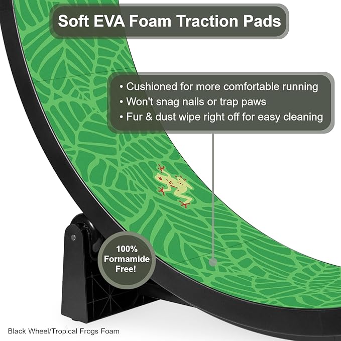 One Fast Cat - Cat Exercise Wheel - Gen. 7 - Safe 48" Diameter - Made in The USA - Black Wheel with Tropical Frogs Foam Traction Pads and Light-Up LED Inline Wheels
