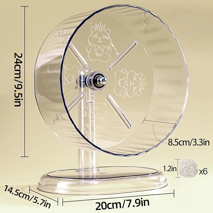 Silent Hamster Exercise Wheel,9.5 Inch Quiet Spinner Syrian Hamster Running Wheel,Silent Wheels with Anti-Skid & Adjustable Stand for Gerbils, Rats, or Other Small Pets,Transparent