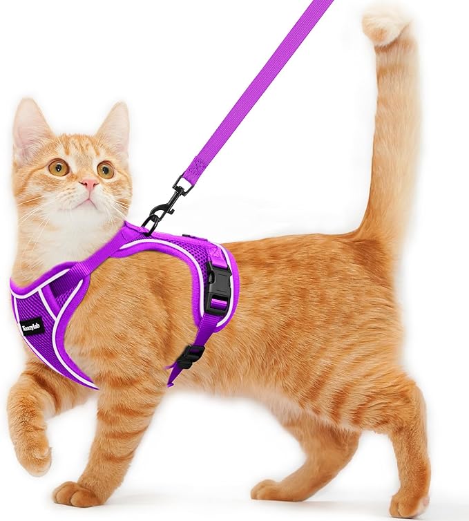 Cat Harness and Leash for Walking Escape Proof Soft Adjustable Cat Leash Breathable Comfortable Vest Easy to Wear Kitten Harness for Outdoor Travel (Purple, S (7-12lb))