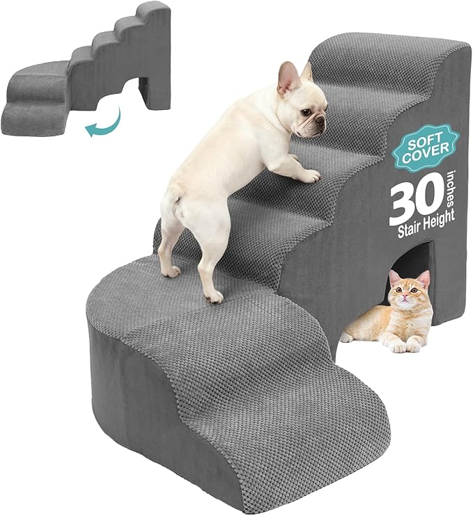 Dog Stairs for High Bed, Pet Stairs for Small Dog, 6 Tiers Steps for Dogs to Get on Beds, 30 inches L Shape Pet Step Ramps for Old Cats, Injured Dogs and Small Puppy