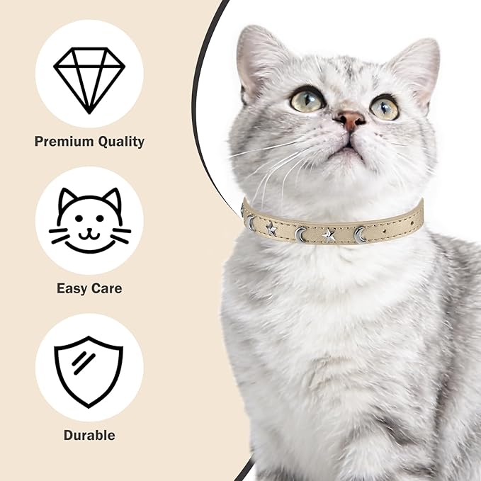 Leather Cat Collars for Boy Girl Cats with Bell and Safety Elastic Belt, Personalized Star and Moon Stud Adjustable Safe Buckle Collar for Kitty Small Big Cats Size 8-12 Inch, Gold