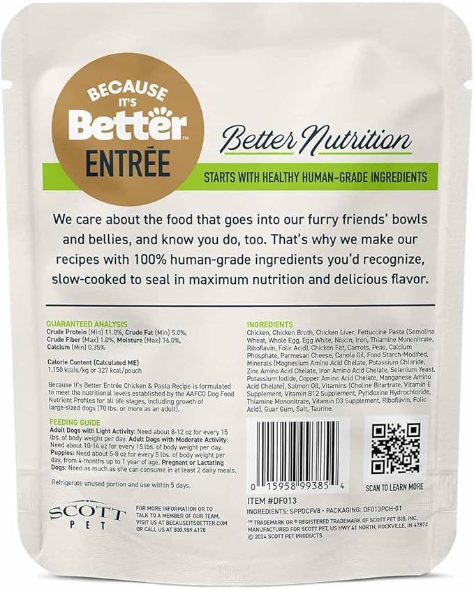 Because It's Better Entrée Complete Meal, Chicken & Pasta Recipe, Human Grade Wet Dog Food, 10 oz Pouches, 6 Count