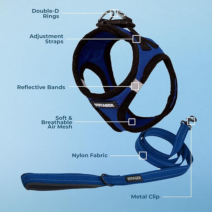 Best Pet Supplies Voyager Step-in Air All Weather Mesh Harness and Reflective Dog 5ft Leash Combo with Neoprene Handle, for Small, Medium and Large Breed Puppies - Set (Royal Blue/Black Trim), X-Small