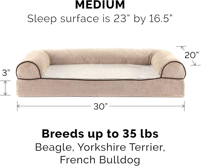 Furhaven Memory Foam Dog Bed for Medium/Small Dogs w/ Removable Bolsters & Washable Cover, For Dogs Up to 35 lbs - Sherpa & Chenille Sofa - Cream, Medium