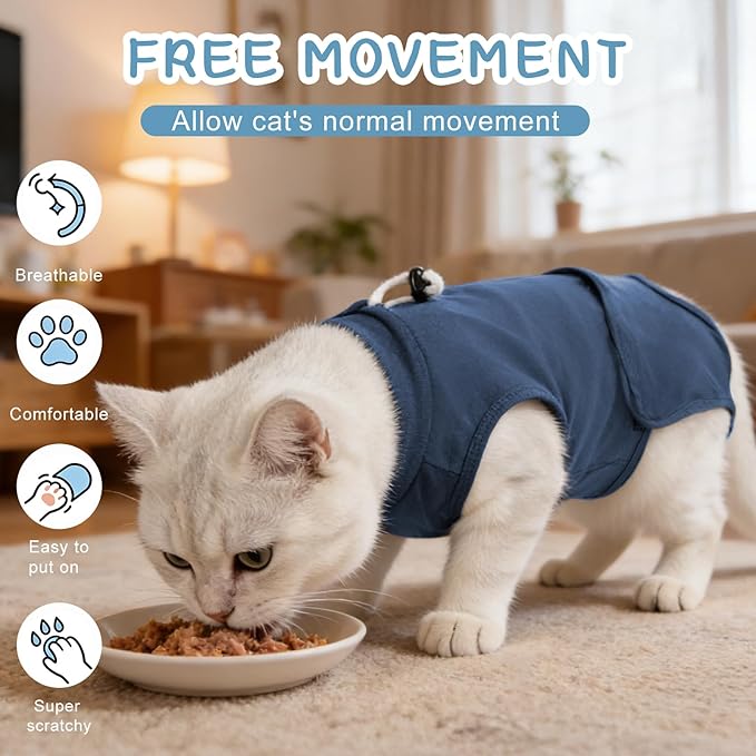 Gyuzh Cat Surgery Recovery Suit for Male Cats - Breathable & Comfortable Cone Alternative. Easy-Pull Recovery Suit with Adjustable Neck & Snap Closure for Neutering, Anti-Licking Wound Care Blue L
