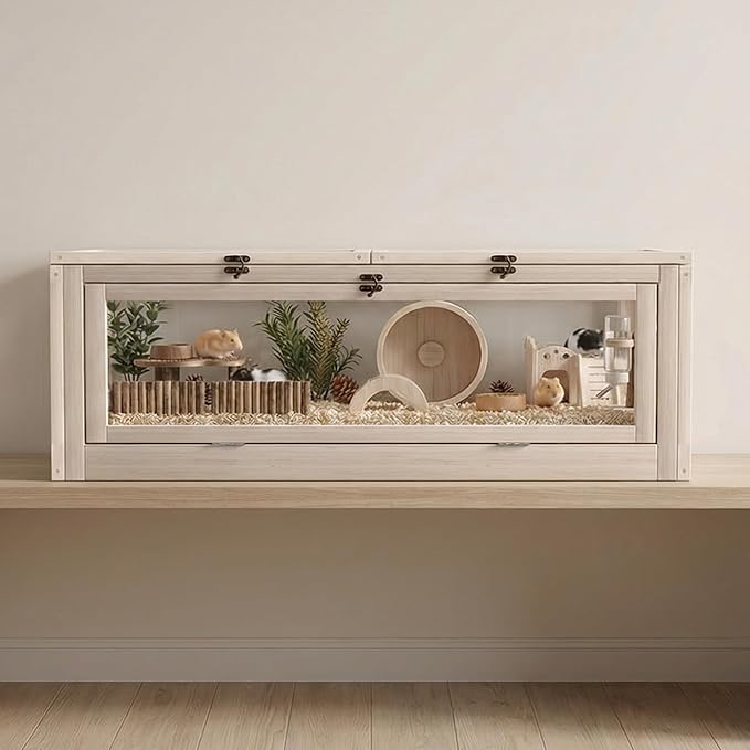 Wooden Hamster Cage with Small House and Bridge, Small Animal Habitat with Lockable Design, Openable Top and Front Doors for Gerbil, Guinea Pig, Rat, 38" L x 16" W x 16" H, Natural Wood Color