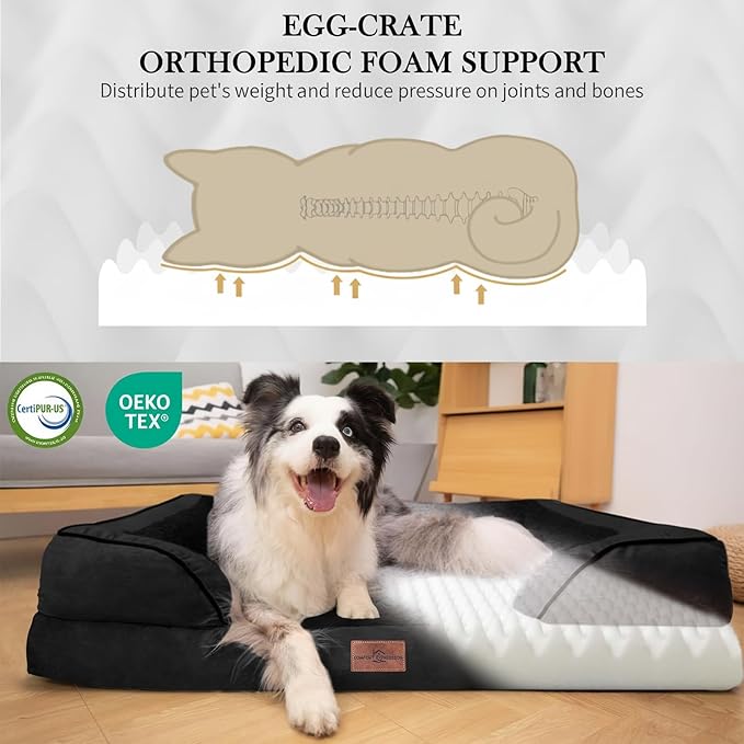 Comfort Expression Orthopedic Dog Bed for Extra Large Dogs 45x35 Inch, Waterproof Supportive Egg Crate Foam XL Pet Bed with Removable Bolsters, Dog Couch with Washable Cover & Non-Slip Bottom, Black