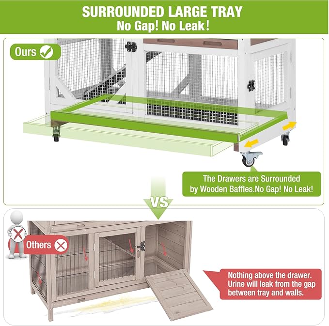 GUTINNEEN Rabbit Hutch Mobile Bunny Cage with Wheels, Chewproof Ramp, Leak Proof Trays – Ideal Cage for Rabbits, Guinea Pigs, and Chickens, Indoor/Outdoor Use,39.4" L x 22" W x 37" H, Brown