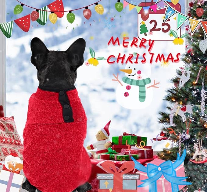 2 Pack Dog Sweater, Warm Puppy Jacket, Autumn Winter Coat, Pet Stretch Fleece Apparel with Buttons for Small Medium Dogs Cats (Red+Blue, Large)