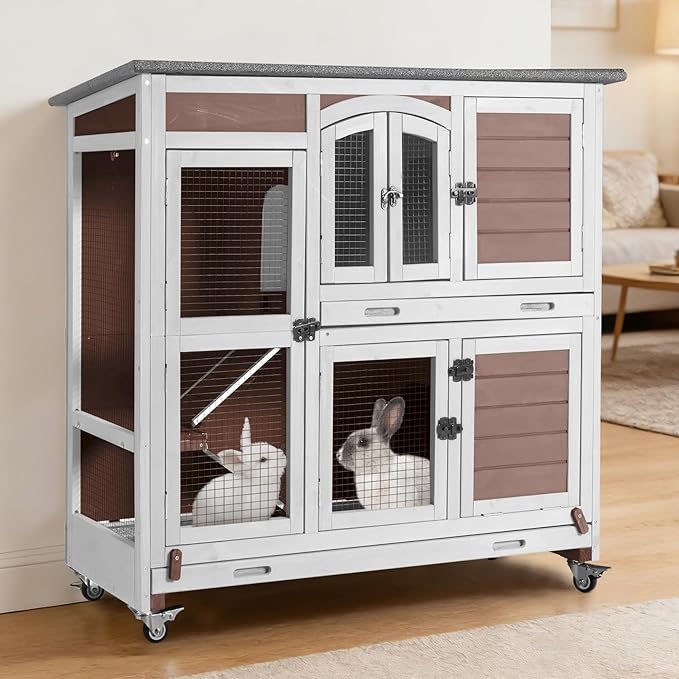 Rabbit Hutch Indoor & Outdoor, Mobile Bunny Hutch with Wheels, 47’’ Wooden Rabbit Cage with 2 Pull Out Trays and Ramp, Two-Story Design Guinea Pig Cages