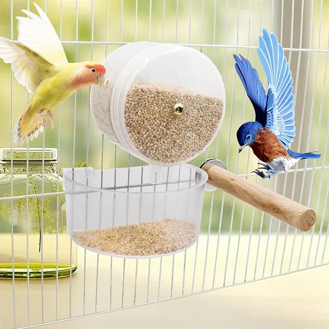 Bird Wheel Foraging Toys, Plastic Parrot Cage Feeder with Wood Perch, Parakeet Seed Food Container, Cage Accessories for Small and Medium Birds Cockatiels Lovebirds Conures Rats Hamster Guinea Pig