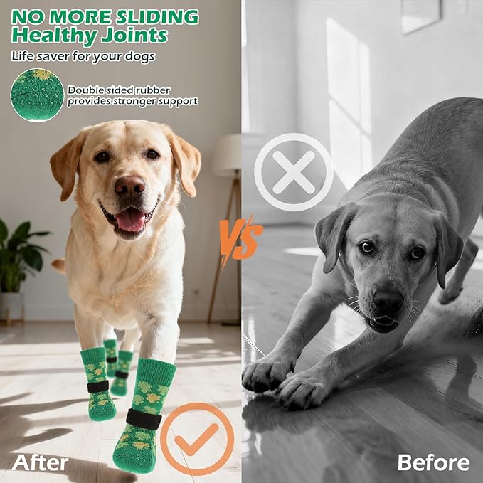 EXPAWLORER Anti Slip Dog Socks to Prevent Licking Paws, Dog Shoes Booties for Small Medium Large Senior Dogs, Traction Control Boots & Paw Protectors for Hardwood Floors St. Patrick's Day Green S