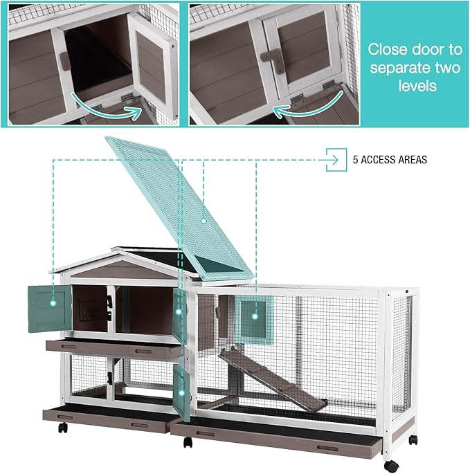 Suumerpety 62" Rabbit Hutch with Chew-Proof Ramp & Waterproof Roof - Indoor/Outdoor Bunny Cage, 2-Story Design, 6 Lockable Caster Wheels & Dual Pull-Out Trays (Brown)