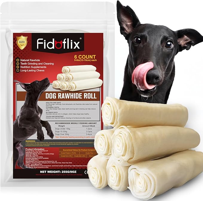 Dog Rawhide Retriever Rolls, 5–6 Inch Natural Beef Rawhide Chews, Long-Lasting Single Ingredient Dog Chew Rolls for Medium & Large Dogs (6 Count) (5.5 inch)