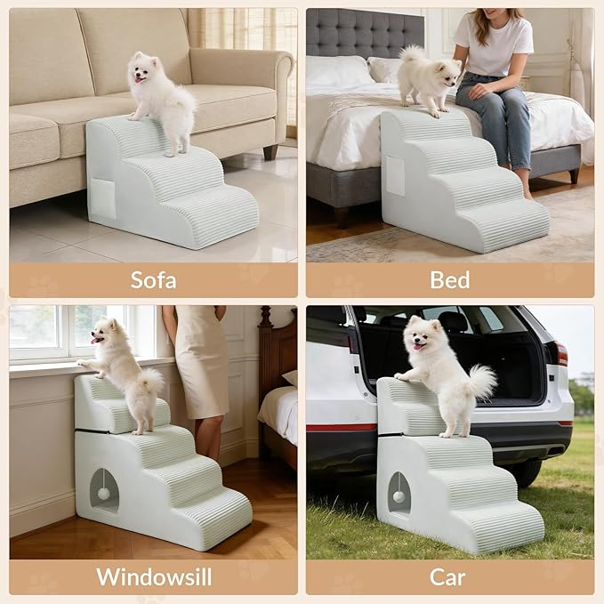 Dog Stairs for Couch and Chair,15.7" H 3-Step Pet Steps for Small Dogs and Cats, Non-Slip Sturdy Dog Ramp with Anti-Tip Safety Strap and Washable Cover,Balanced Ramp Indoor Pet Stairs