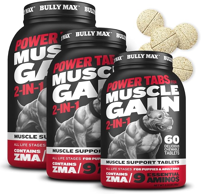 Bully Max High Protein & Fat Dog Food + Muscle Builder Tablets - Premium High-Calorie Dry Dog Food (40lb. Bag) with Chewable Muscle Support Supplement (3 Bottles, 60tabs/bottle) - For Puppies & Adults