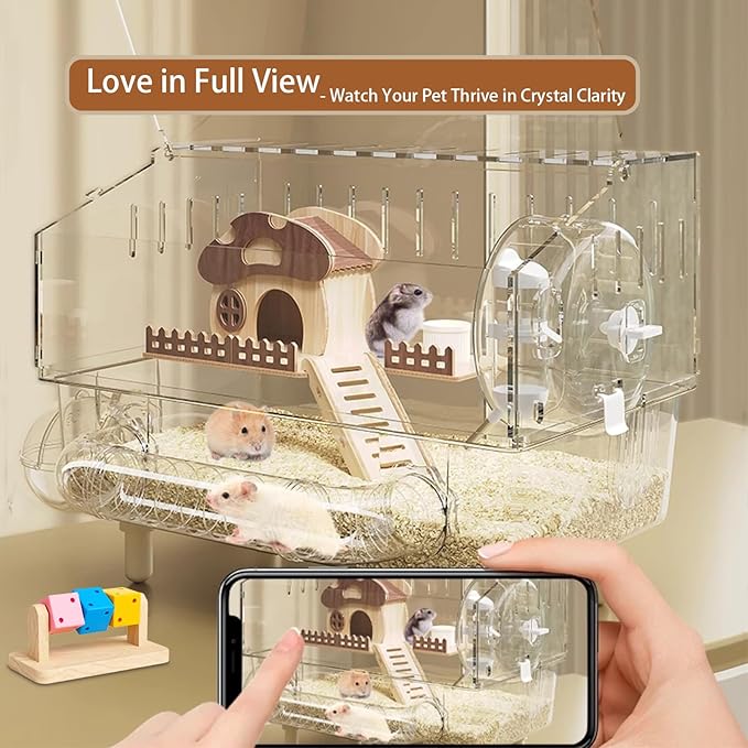 9 in 1 Acrylic Hamster Cage with all accessories and an activity tube,2-layer Hamster House,transparent viewing,top open Mouse Cage for pet mice,Hamster Habitat for Dwarf Hamster,Gerbils;18"x11"x13.4"