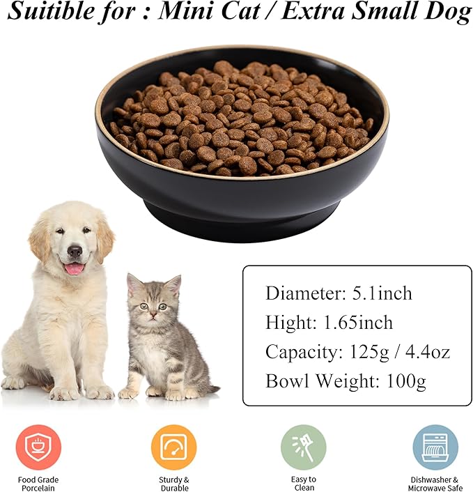 Ceramic Cat Bowl Dishes for Food and Water, Safe Food-Grade Porcelain 5.3 in 3 Pack Cat Dishes and Plates for Feeding Indoor Cats, Kittens and Small Dogs, Durable & Dishwasher Safe Pet Dish, Black