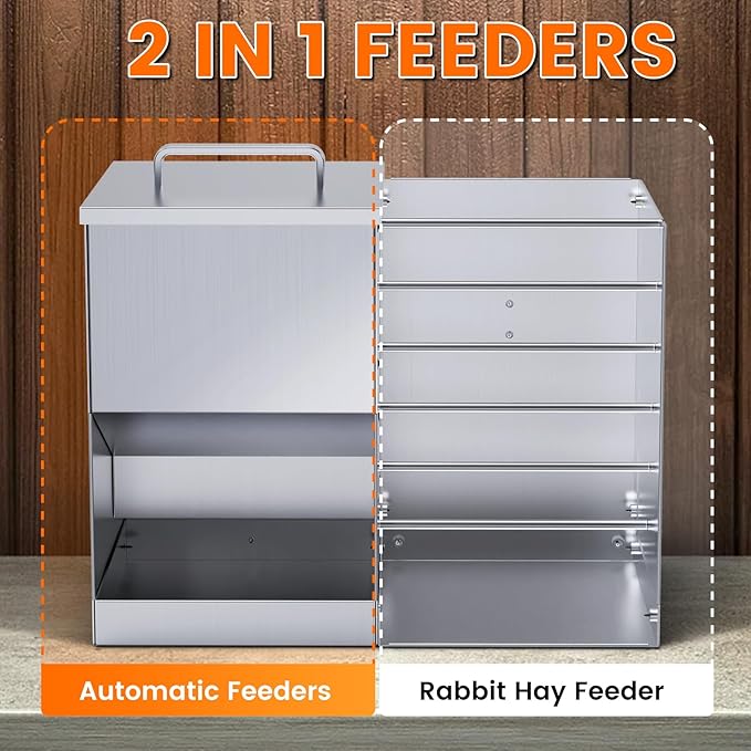 Automatic Rabbit Feeders for Cage Hay Feeder 4.5L Bunny Feeder Stainless Steel Rabbit Food Dispenser for Guinea Pig Squirrel Small Animals Trough