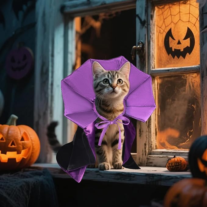 QKURT Cat Vampire Cloak-Pet Halloween Costumes, Dogs Cats Cape, Pet Cosplay Vampire Cloak & Accessories Costume Outfit for Halloween Party (Purple,S)