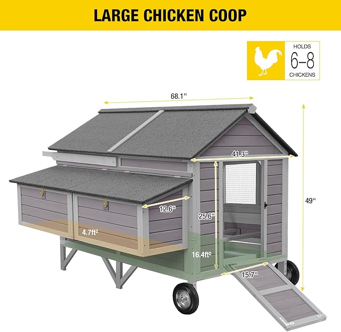 Mobile Chicken Coop with Wheels, Large 16.4ft² Chicken House for 6-8 Chickens, Weatherproof Chicken Tractor, with Nesting Boxes & Foldable Ramp, Easy Clean with Pull-Out Metal Trays