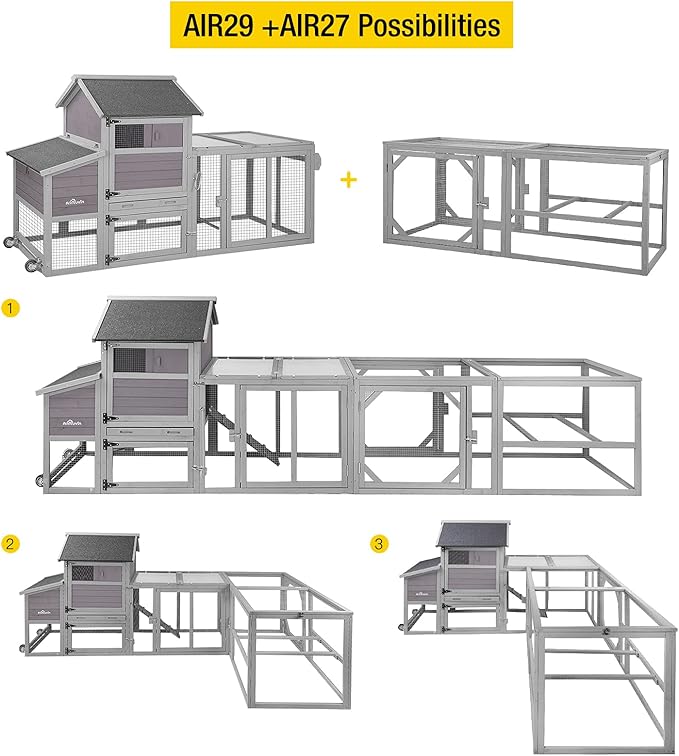 Aivituvin Chicken Coop Outdoor Hen House Wooden Poultry Cage with Wheels,UV Panel,Nest Box, Expandable Coop (Grey, AIR27)