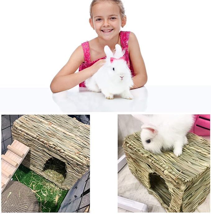 HERCOCCI Extra Large Grass House for Rabbit, Foldable & Comfortable - Small Animal Hut Play Hideaway Bed Hay Mat Chew Toy for Bunny Guinea Pig Hamster Chinchilla (1 Pack)