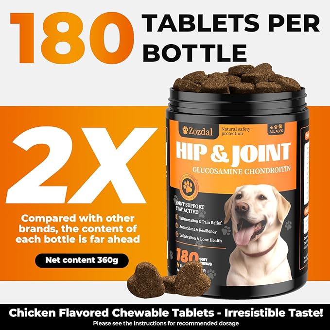 Dog Hip & Joint Supplement, 180 Chicken Chews - Glucosamine Chondroitin MSM Turmeric for Large Breed & Senior Dogs